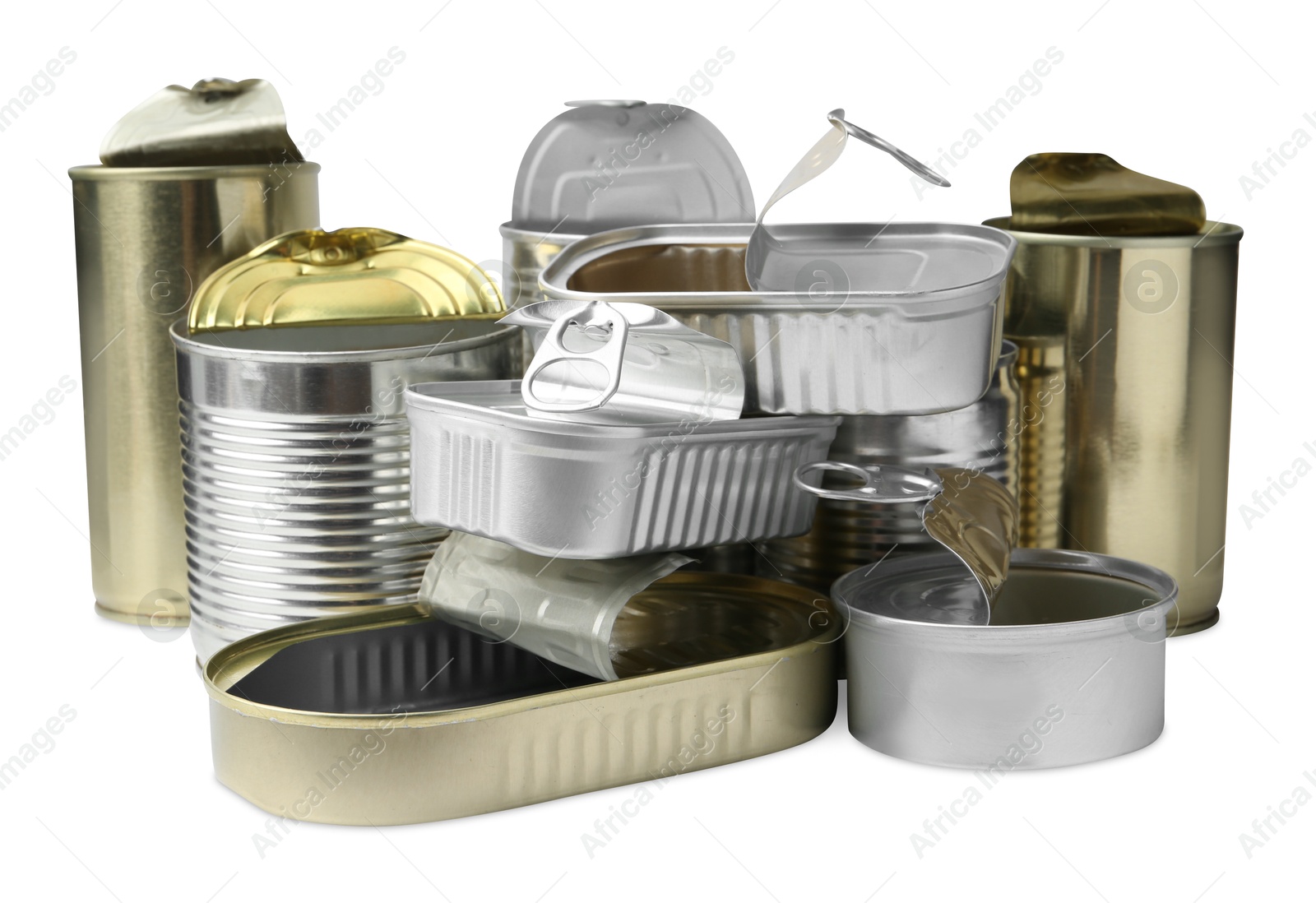 Photo of Many open tin cans isolated on white