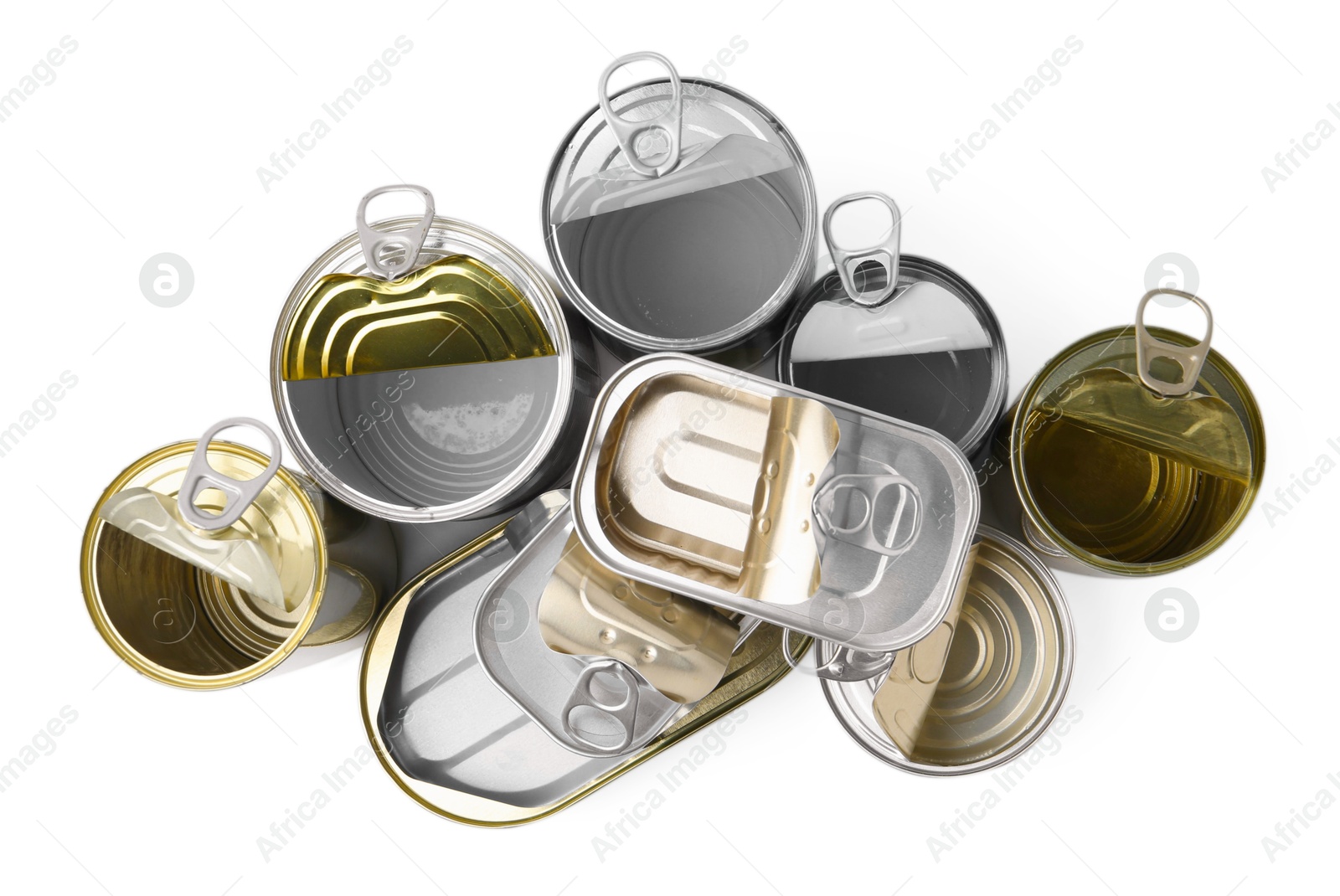 Photo of Many open tin cans isolated on white, top view