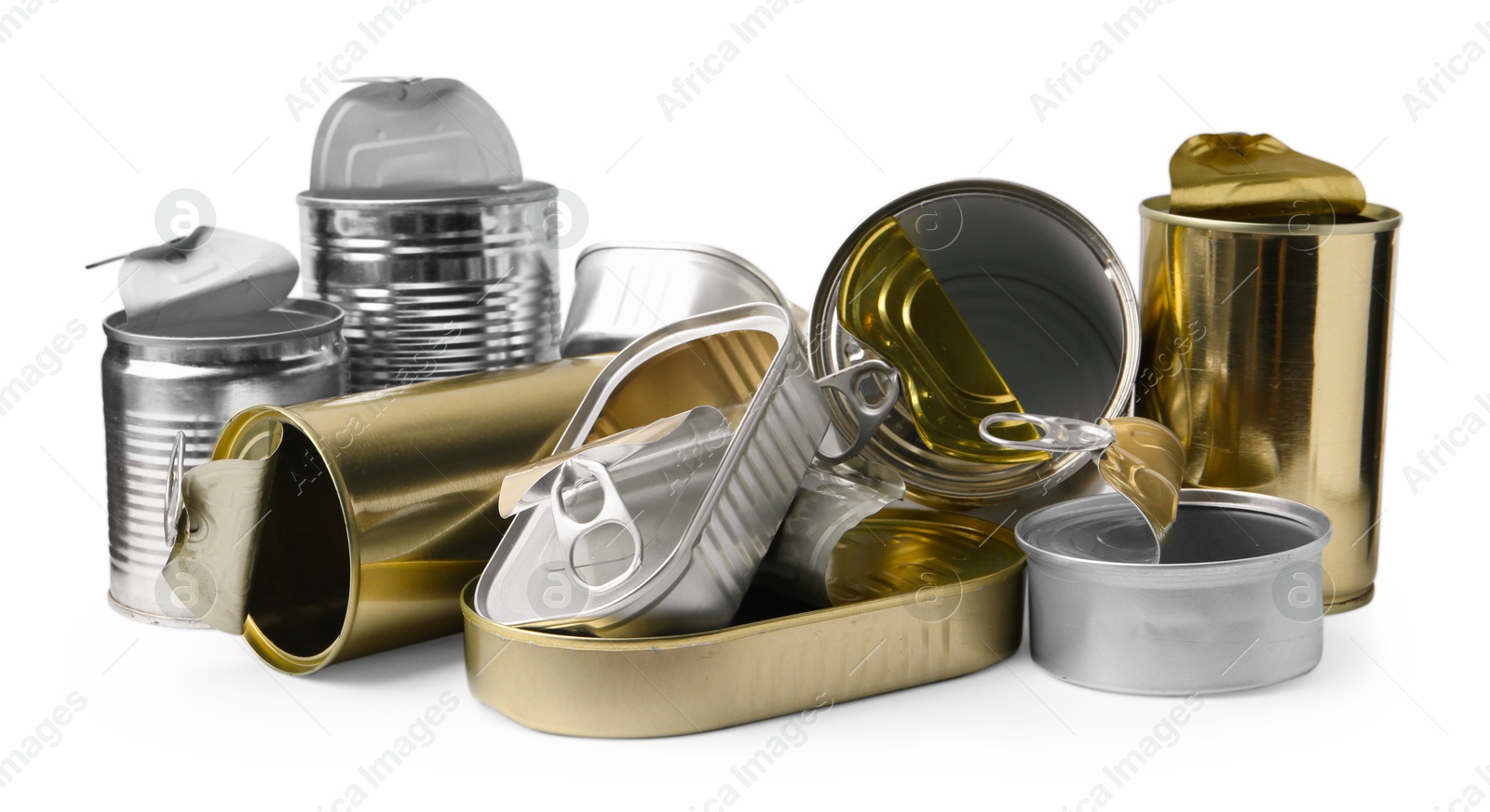 Photo of Many open tin cans isolated on white