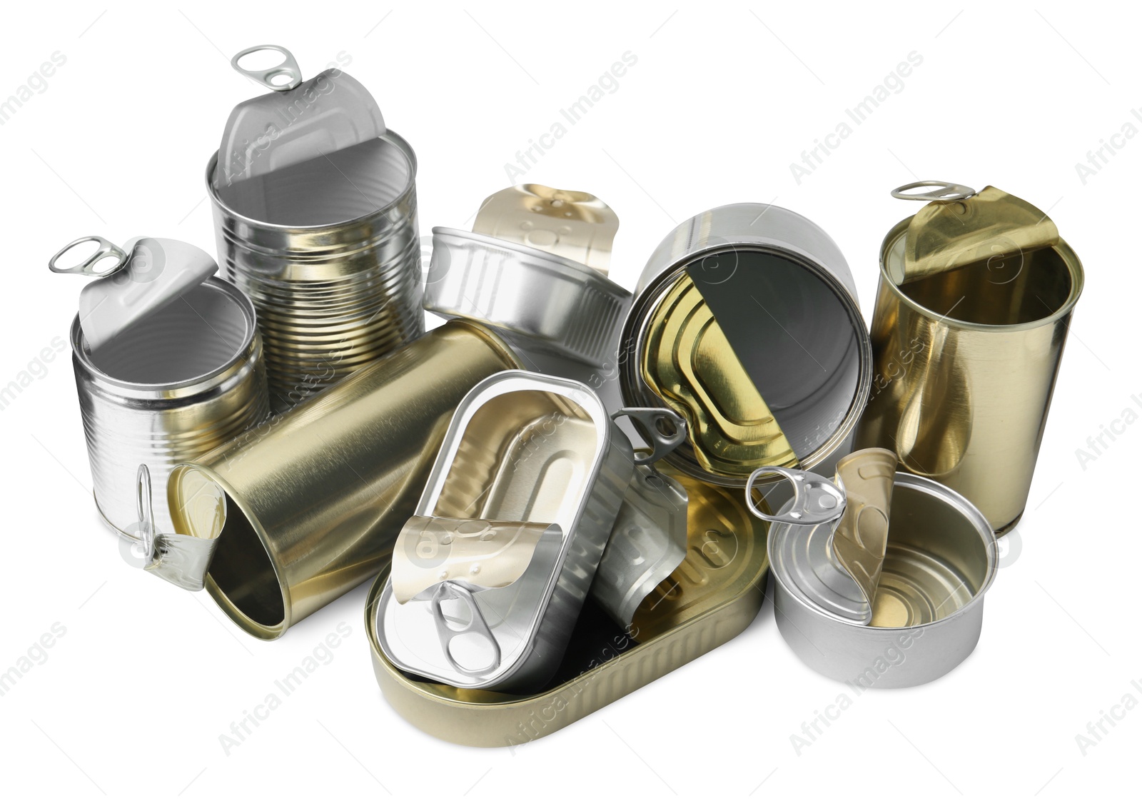 Photo of Many open tin cans isolated on white