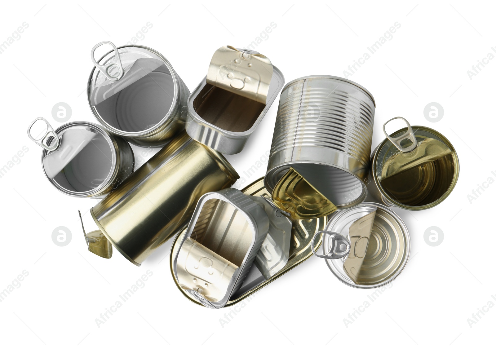 Photo of Many open tin cans isolated on white, top view