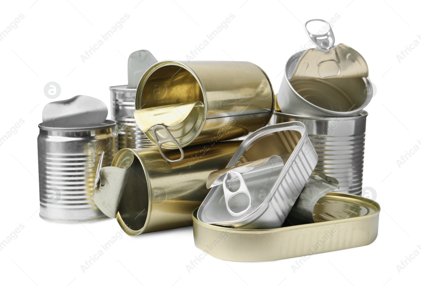 Photo of Many open tin cans isolated on white