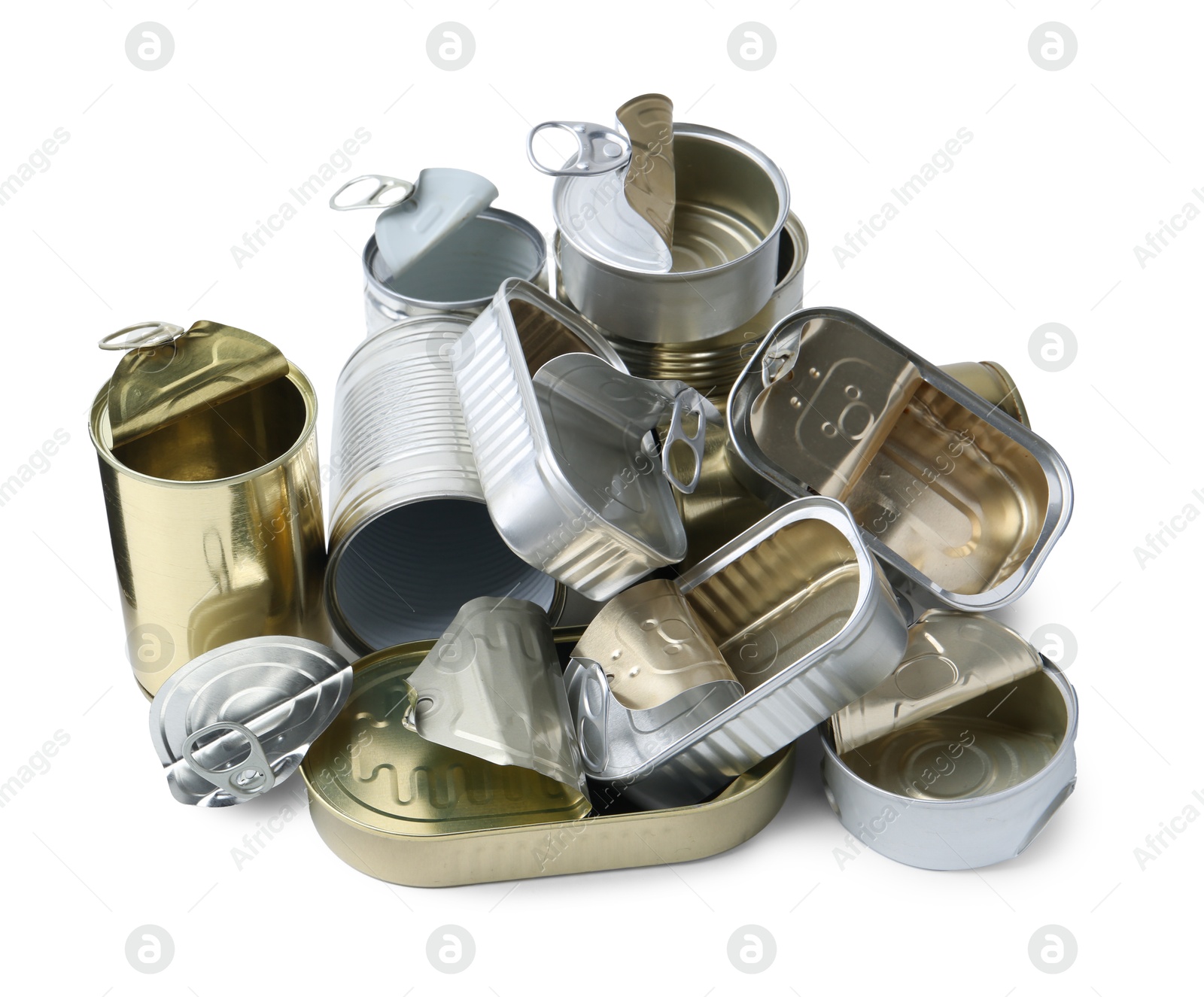 Photo of Many open tin cans isolated on white