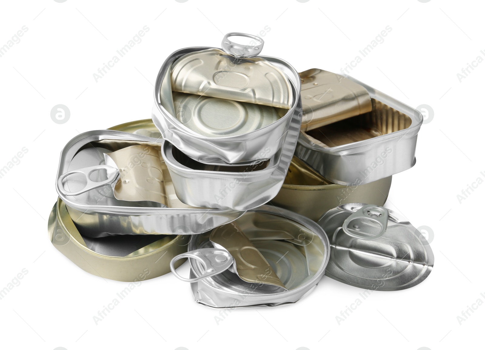 Photo of Many crumpled tin cans isolated on white