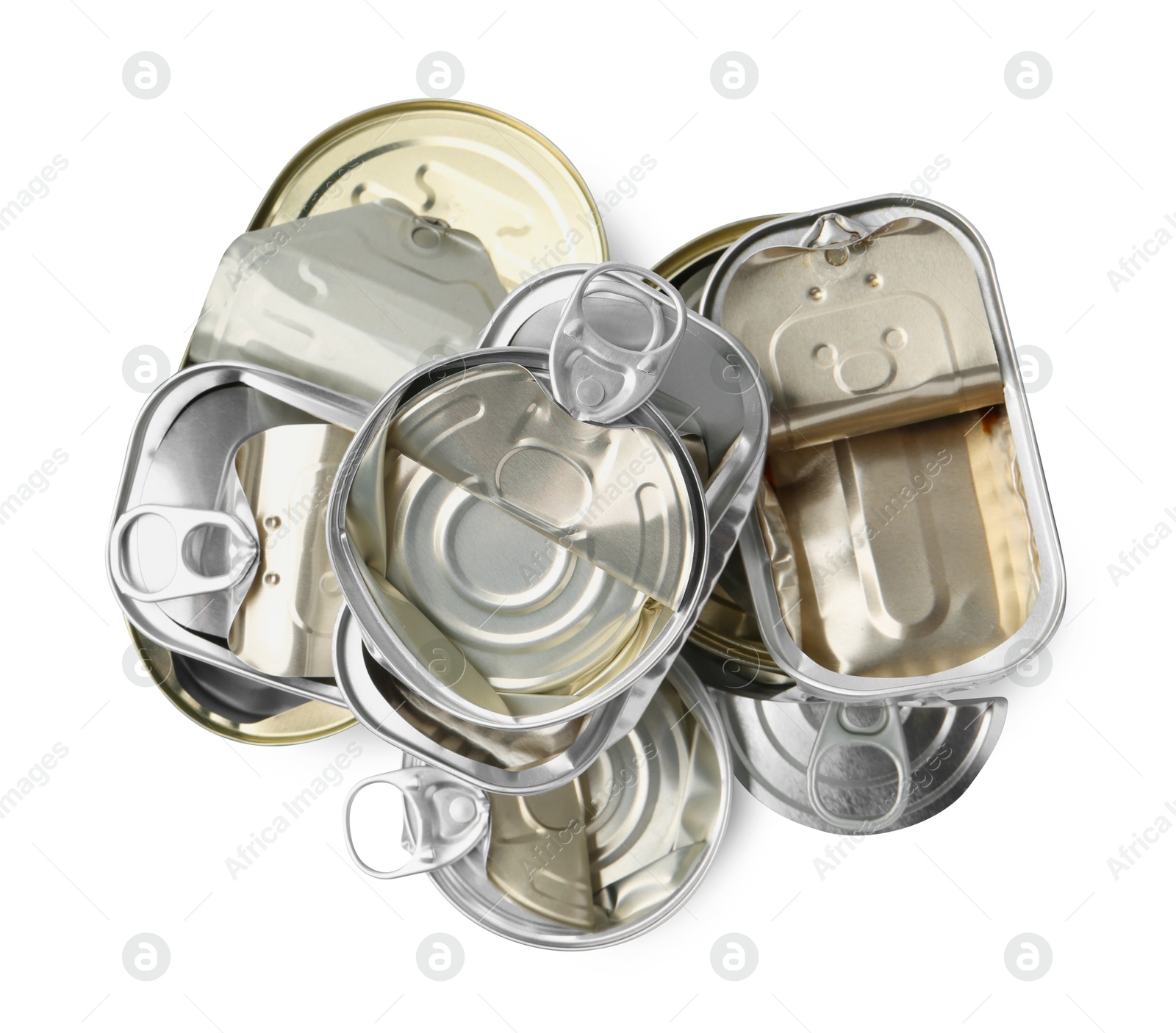 Photo of Many crumpled tin cans isolated on white, top view