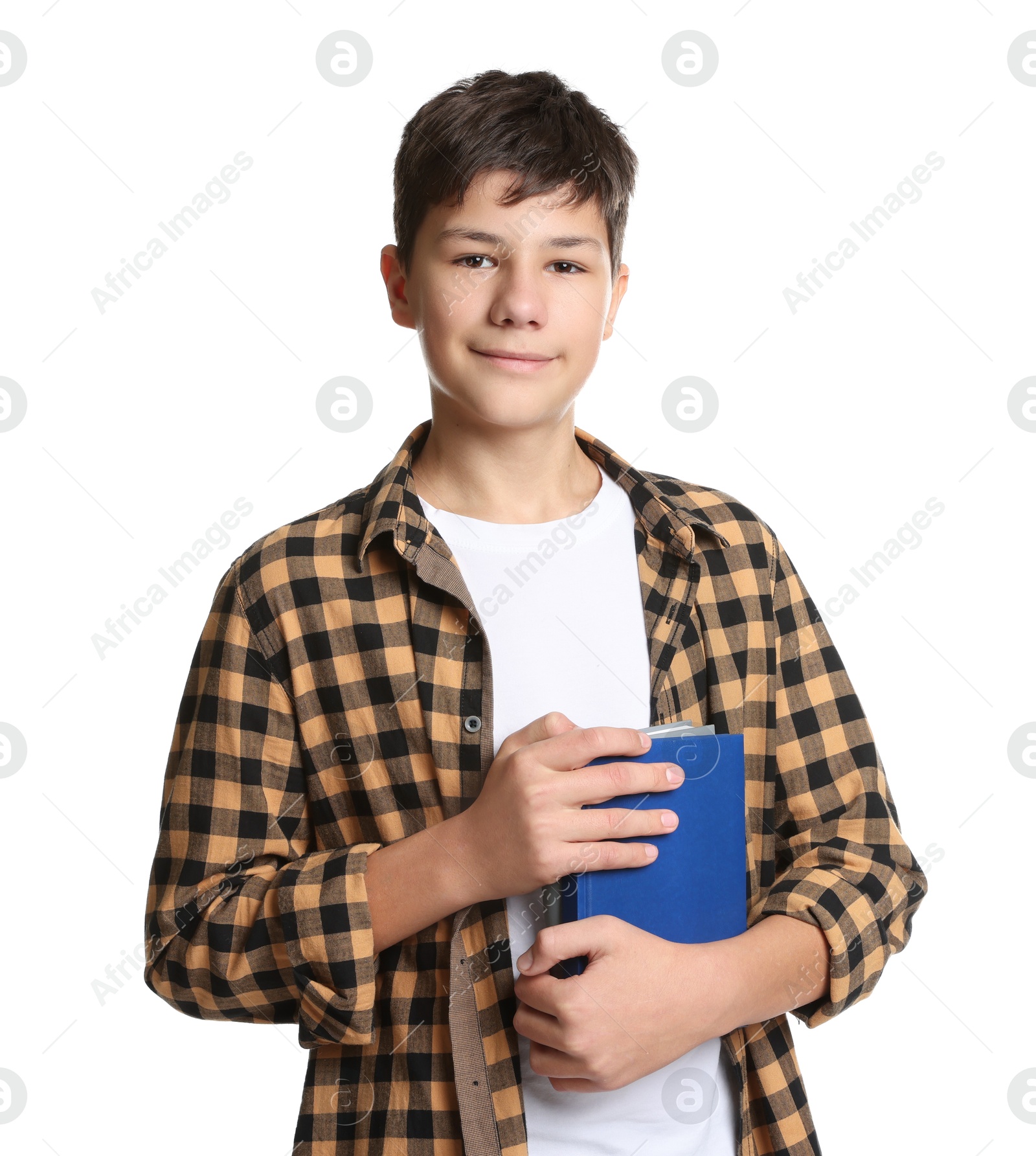 Photo of Portrait of teenage boy with books on white background