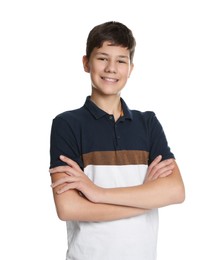 Photo of Portrait of teenage boy with crossed arms on white background