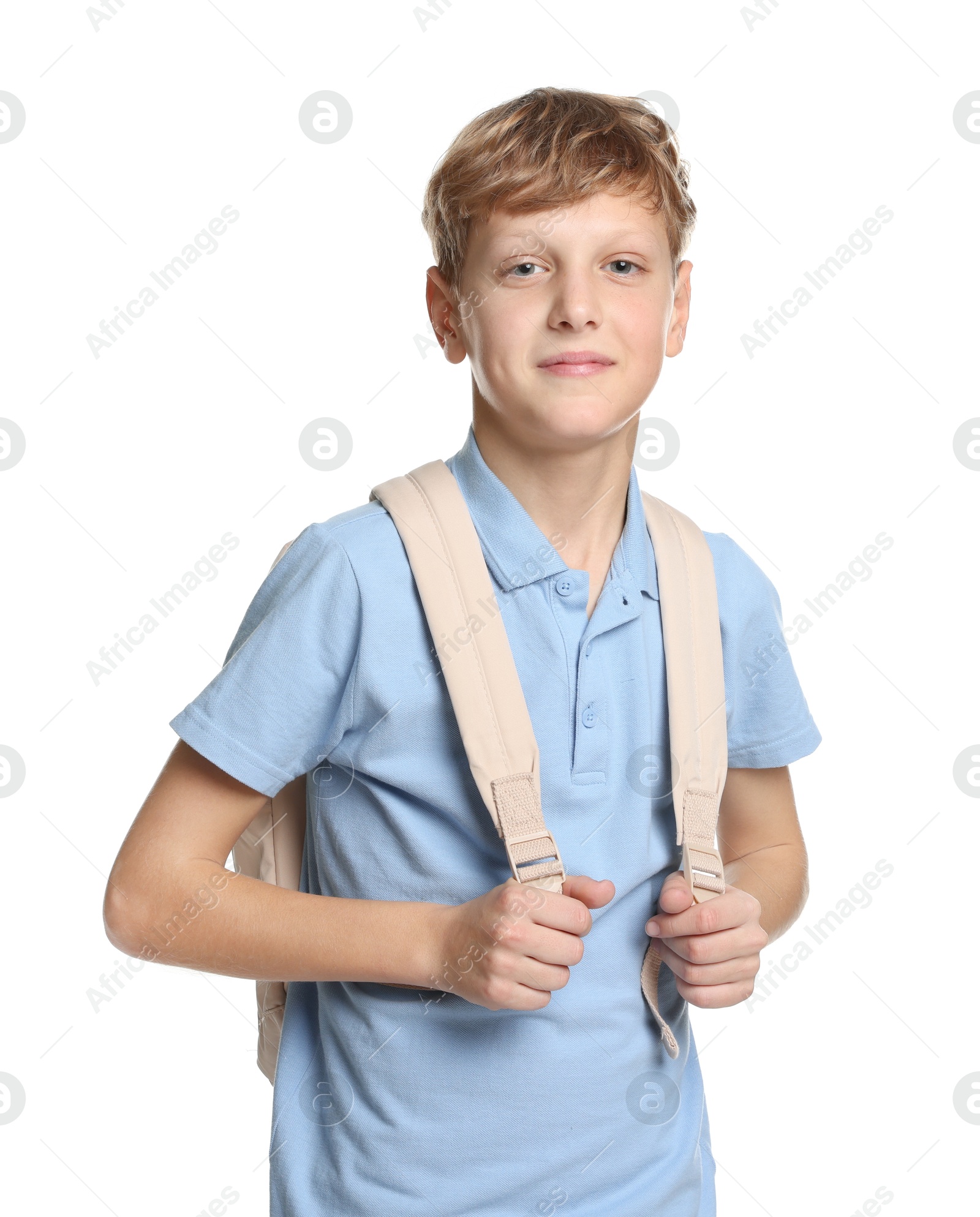 Photo of Portrait of teenage boy with backpack on white background