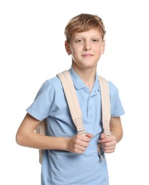 Photo of Portrait of teenage boy with backpack on white background