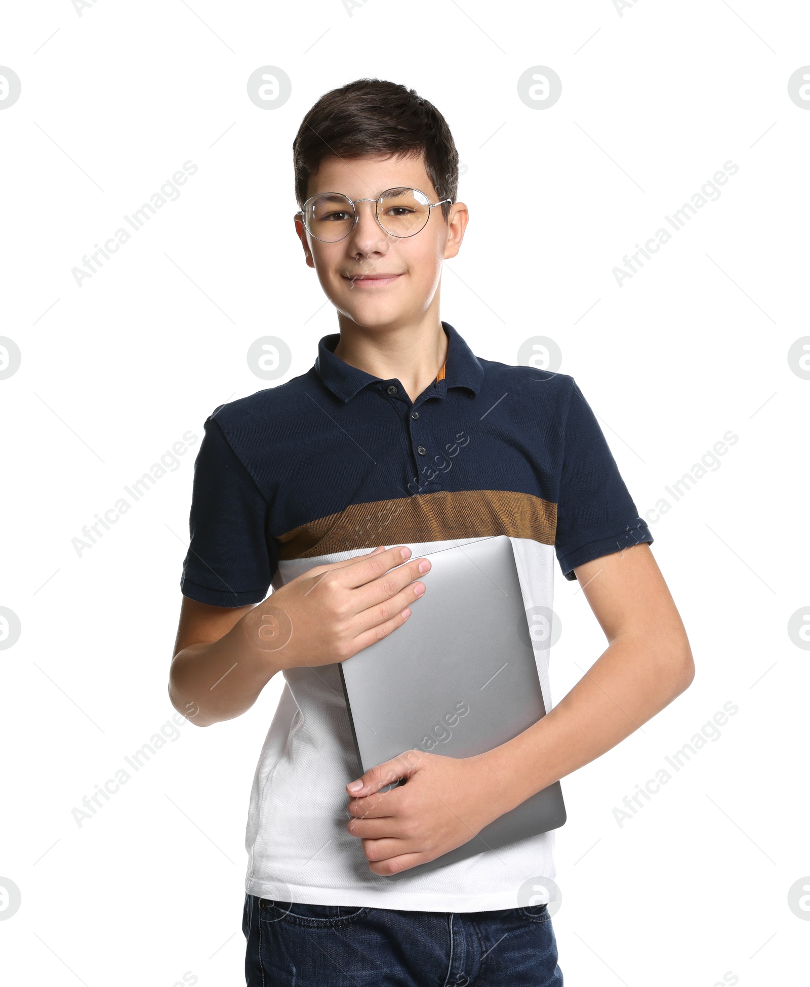 Photo of Portrait of teenage boy with laptop on white background