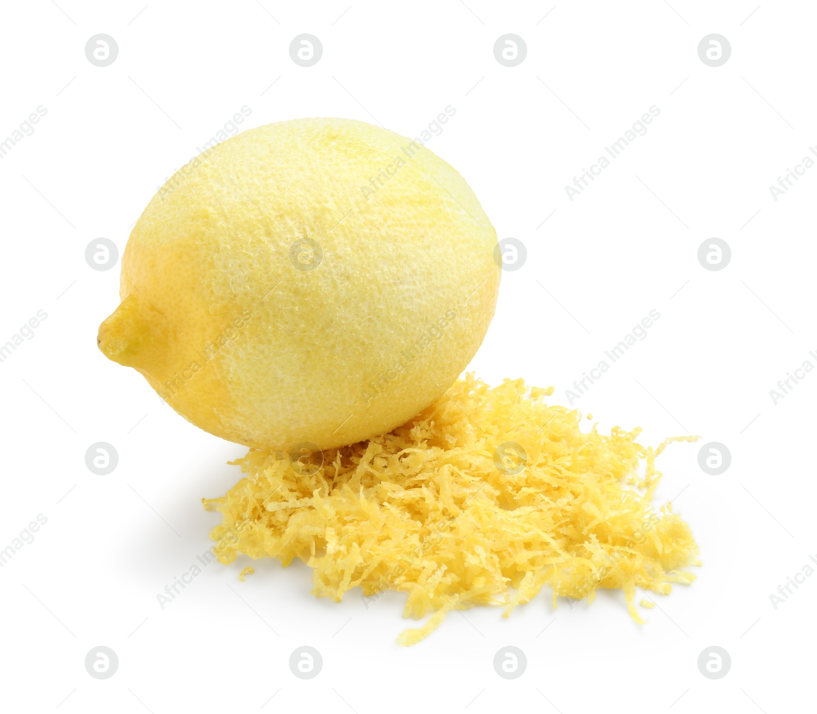 Photo of Lemon zest and fresh fruit isolated on white