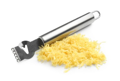 Photo of Fresh lemon zest and zester tool isolated on white