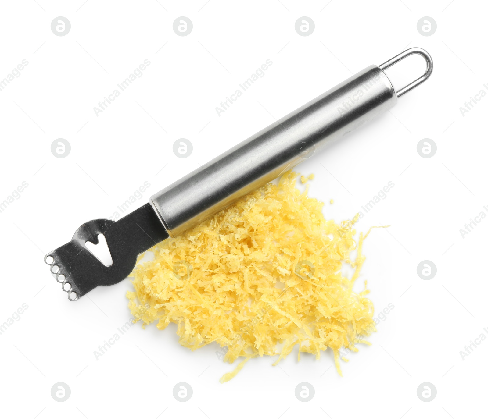 Photo of Fresh lemon zest and zester tool isolated on white