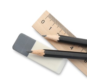 Photo of Eraser, ruler and pencils isolated on white, top view