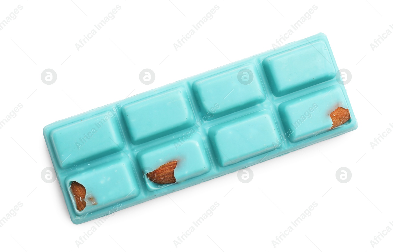 Photo of One bright chocolate bar with almonds isolated on white, top view