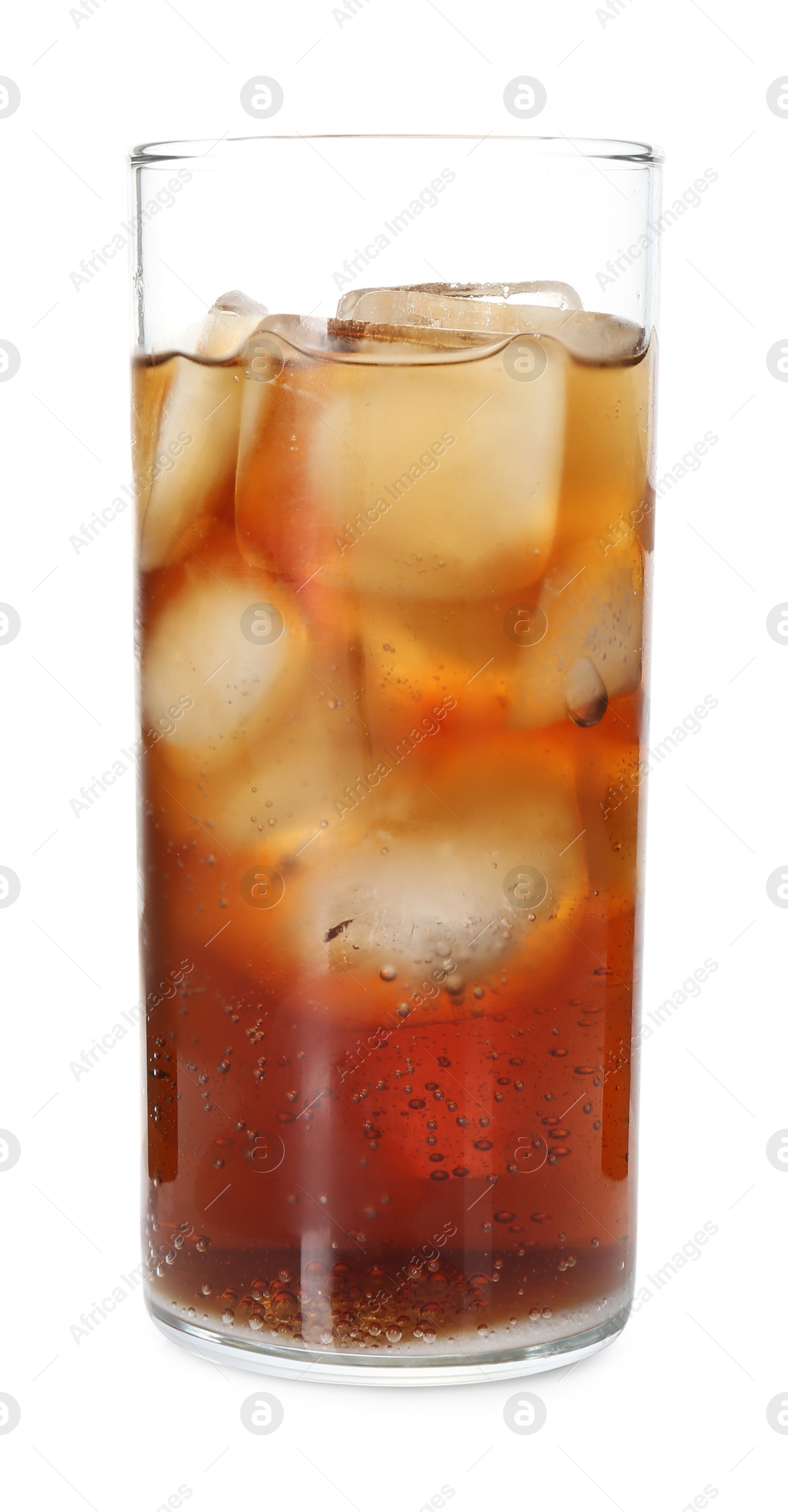 Photo of Refreshing cola with ice cubes in glass isolated on white