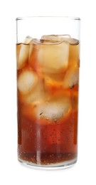 Photo of Refreshing cola with ice cubes in glass isolated on white