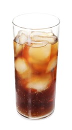 Photo of Refreshing cola with ice cubes in glass isolated on white