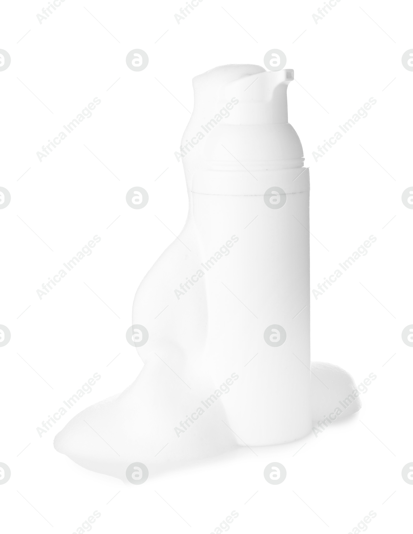 Photo of Bottle of cosmetic product with foam isolated on white