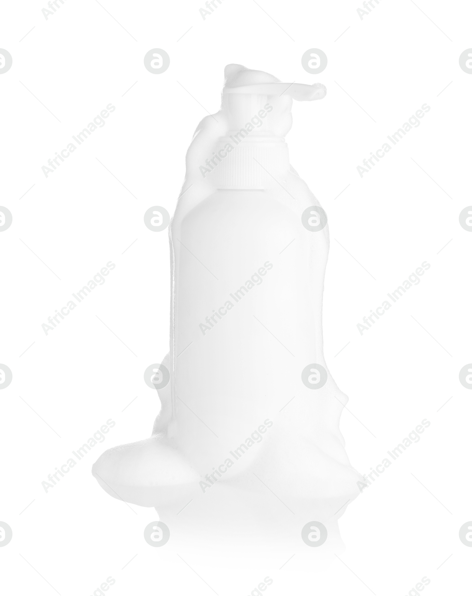 Photo of Bottle of cosmetic product with foam isolated on white