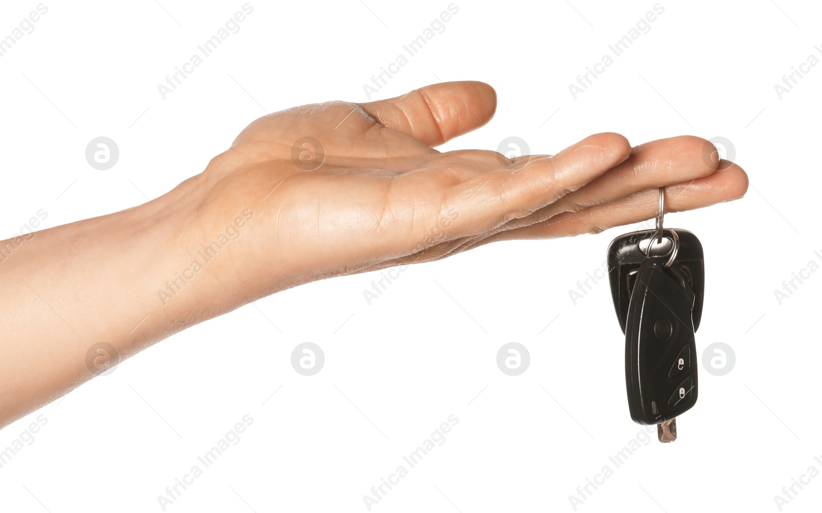 Photo of Man with car keys on white background, closeup