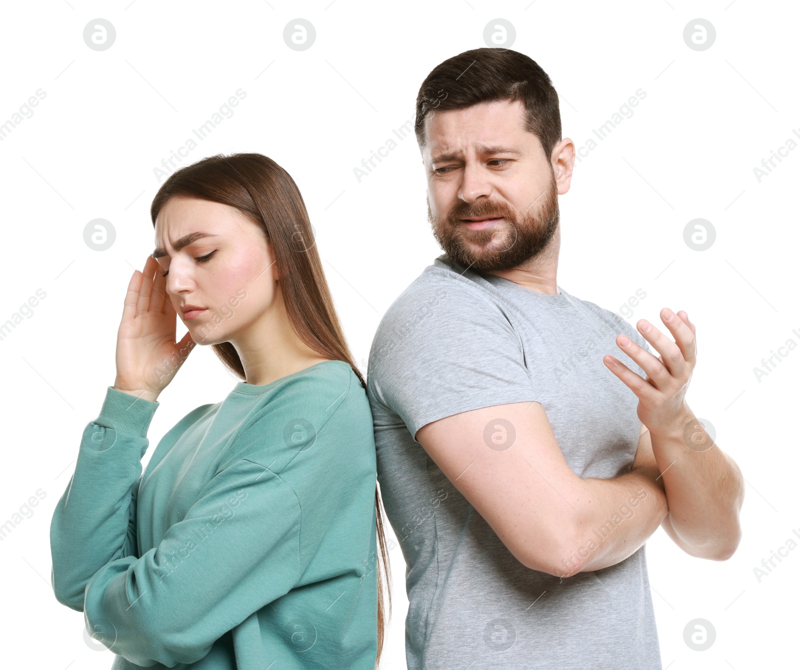 Photo of Resentful couple on white background. Relationship problem