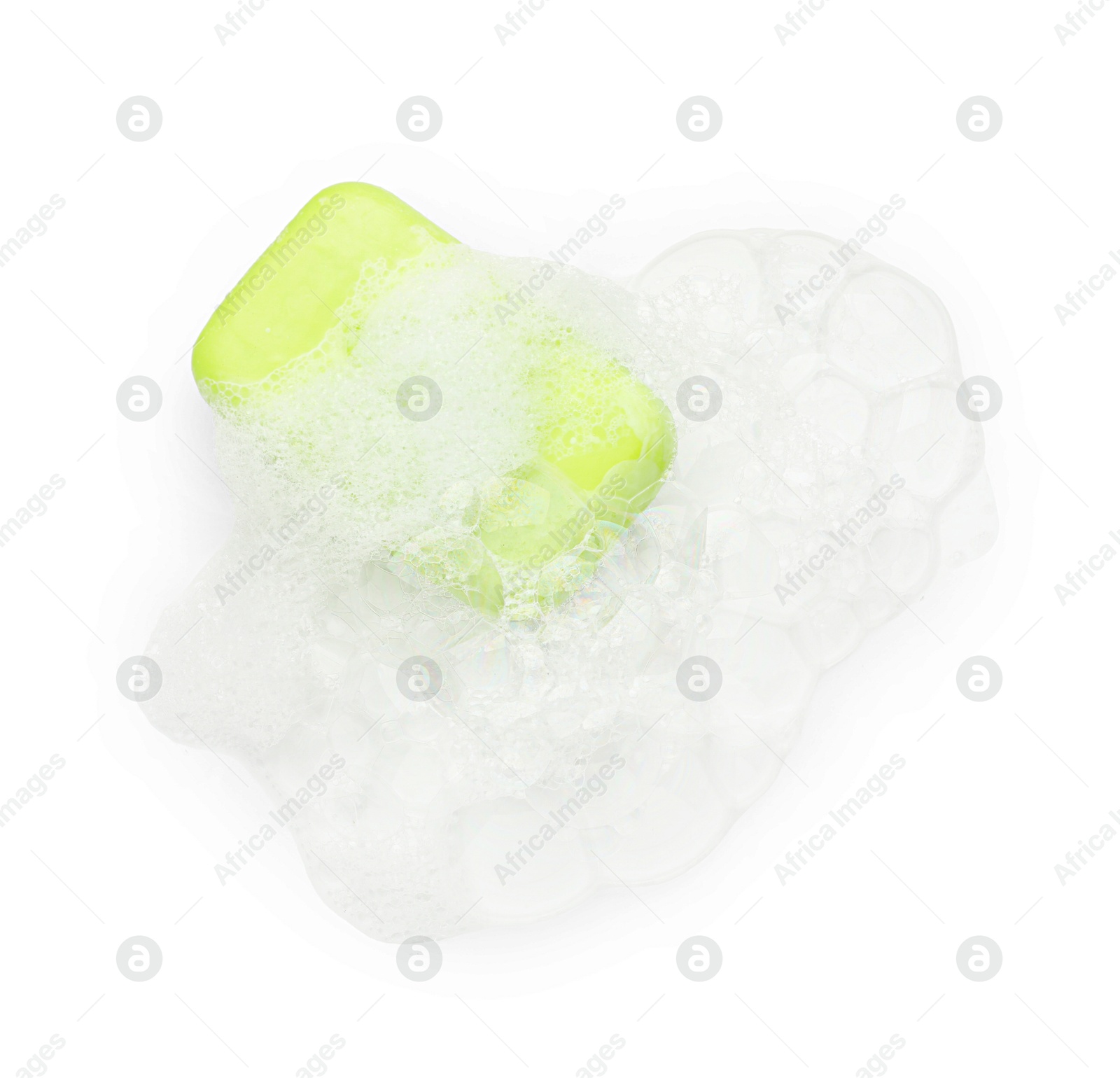 Photo of Green soap with foam on white background, top view