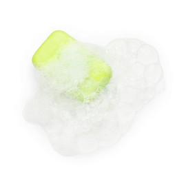 Photo of Green soap with foam on white background, top view