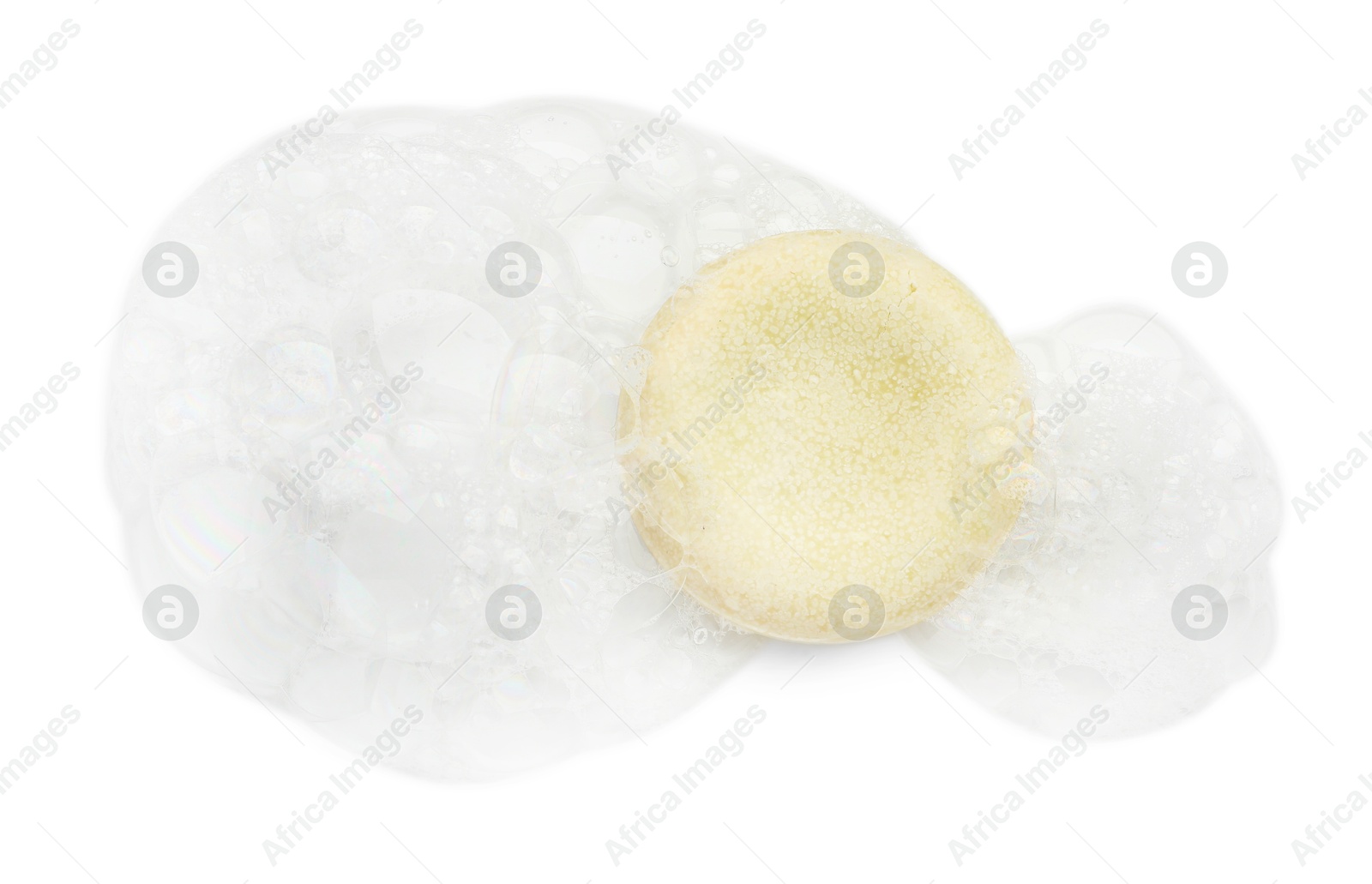 Photo of Soap with foam on white background, top view