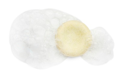 Photo of Soap with foam on white background, top view