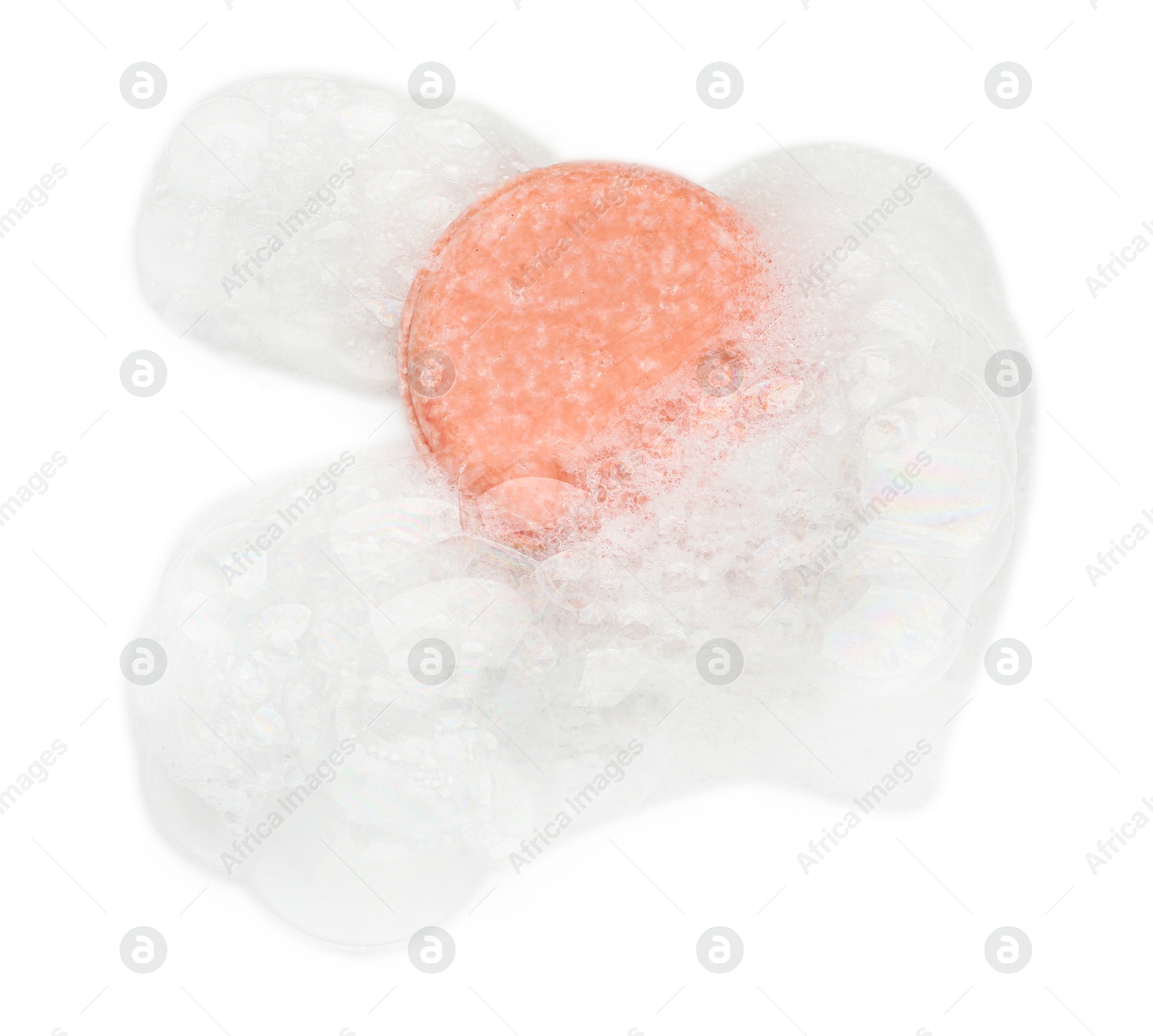 Photo of Pink soap with foam on white background, top view