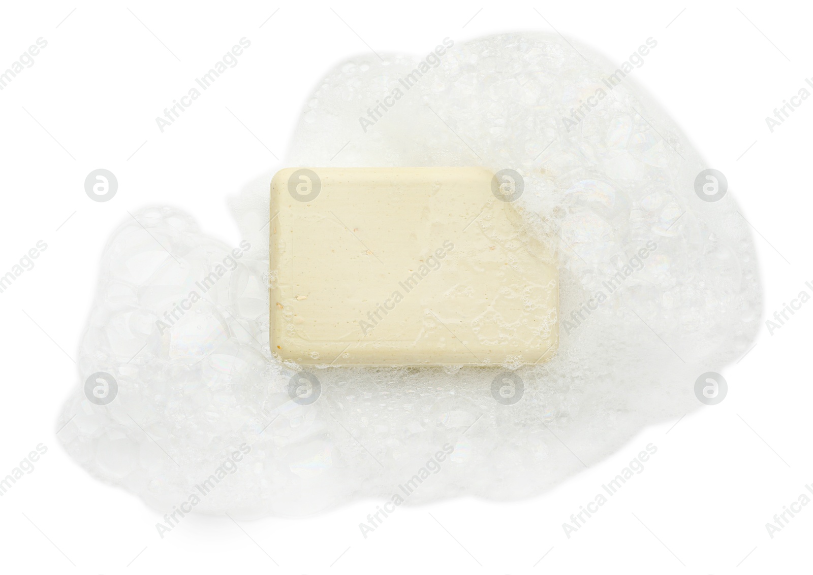 Photo of Soap with foam on white background, top view