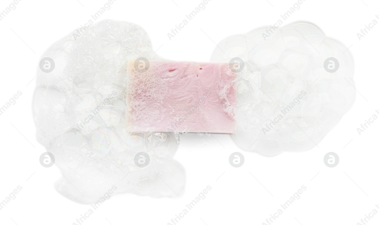 Photo of Soap with foam on white background, top view