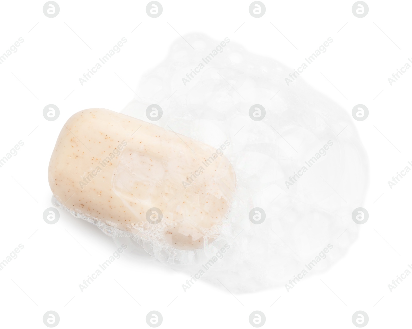 Photo of Soap with foam on white background, top view