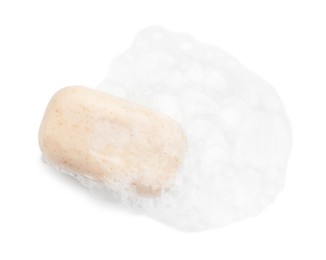 Photo of Soap with foam on white background, top view