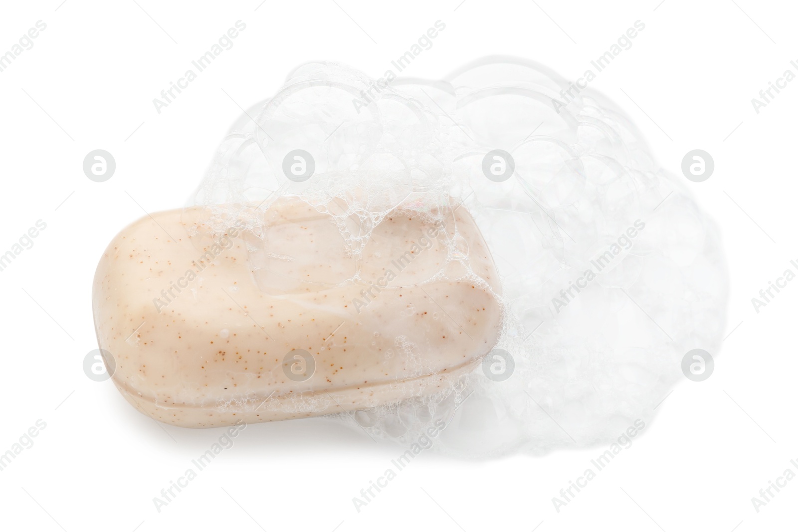 Photo of Bar soap with foam on white background