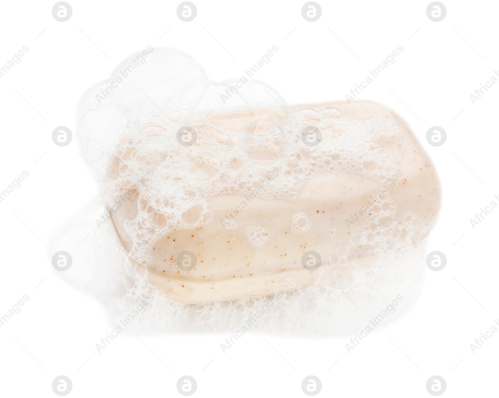 Photo of Bar soap with foam on white background