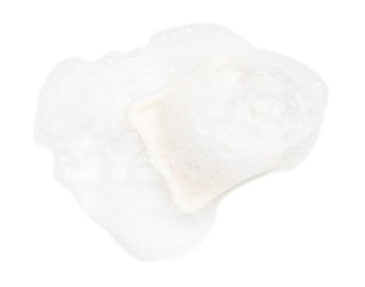 Photo of Soap with foam on white background, top view