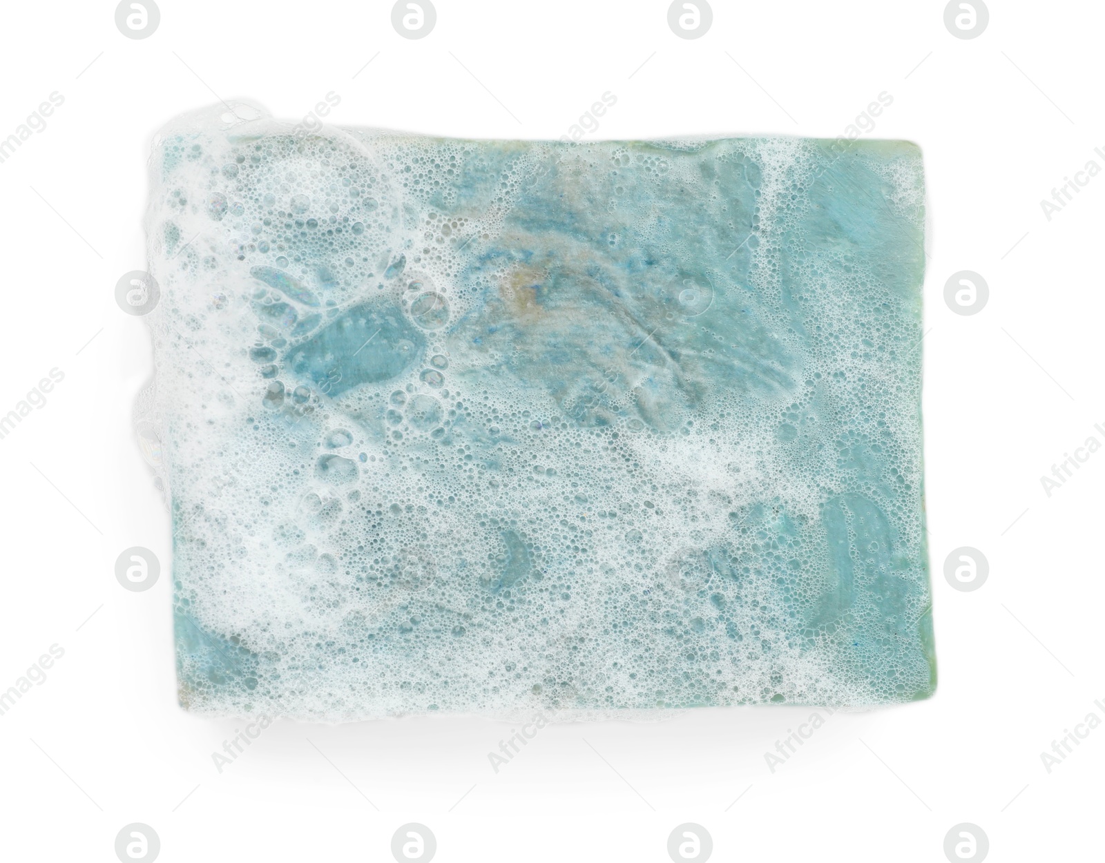 Photo of Blue soap with foam on white background, top view