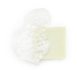 Photo of Light green soap with foam on white background, top view