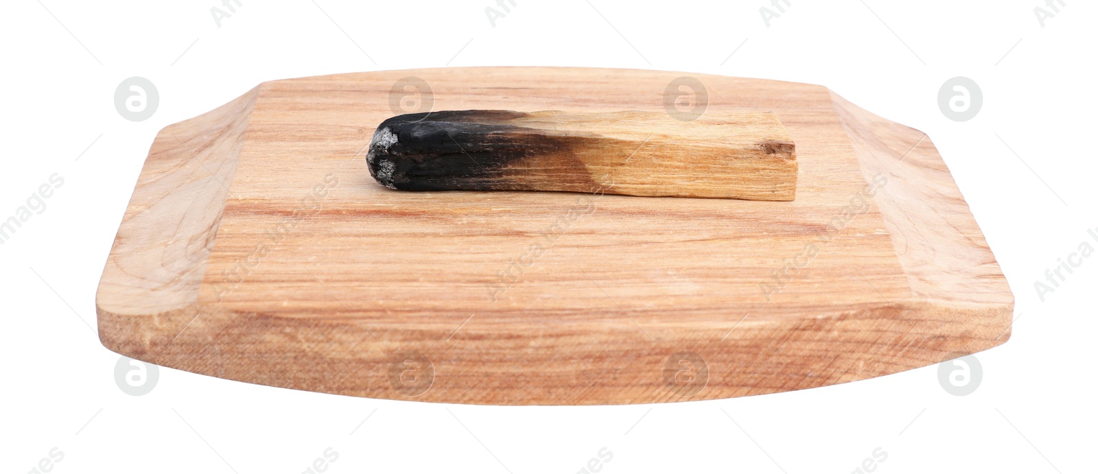 Photo of Burnt palo santo stick on white background