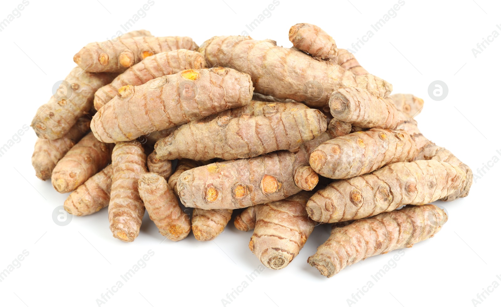 Photo of Pile of fresh turmeric roots isolated on white, above view