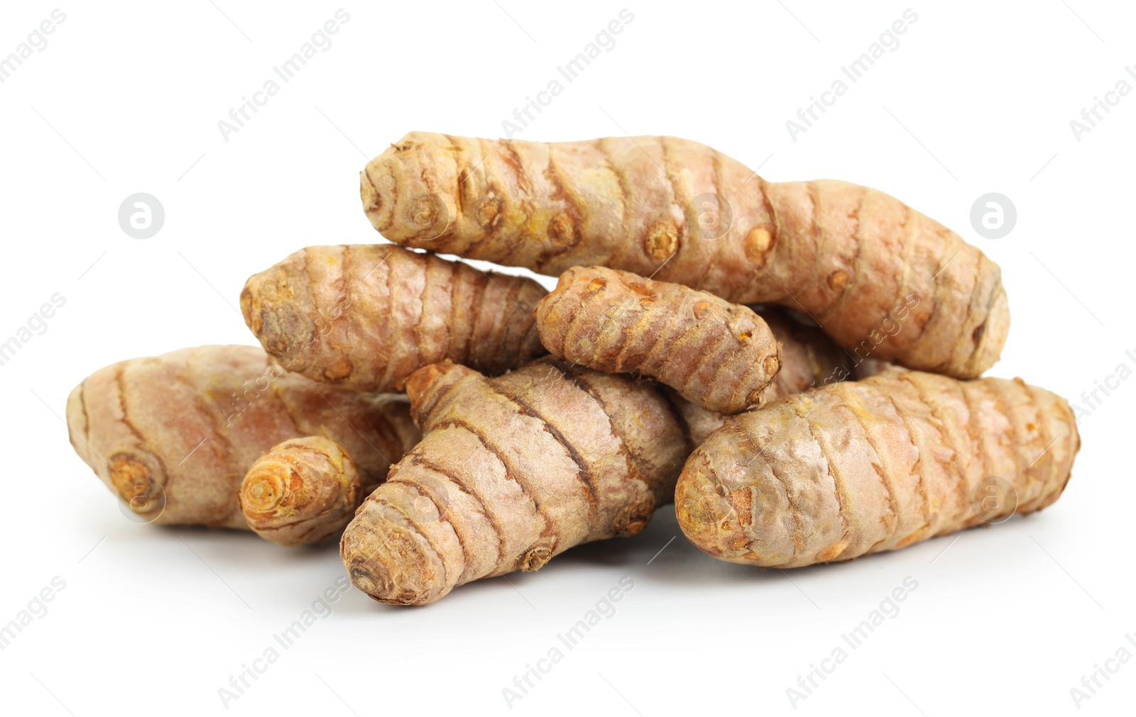 Photo of Pile of fresh turmeric roots isolated on white