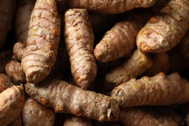 Photo of Many fresh turmeric roots as background, above view