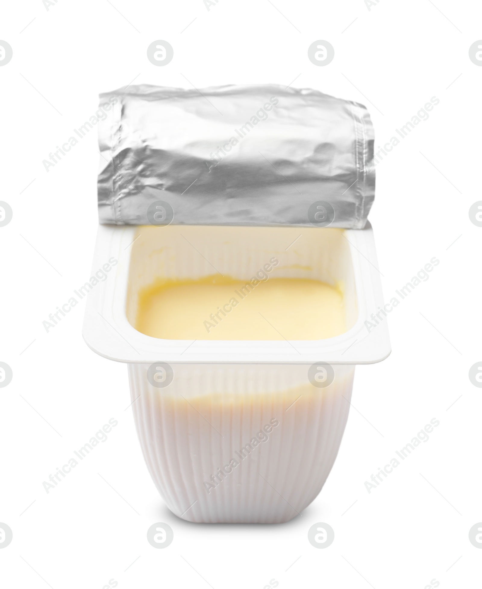 Photo of Delicious yogurt in plastic cup isolated on white