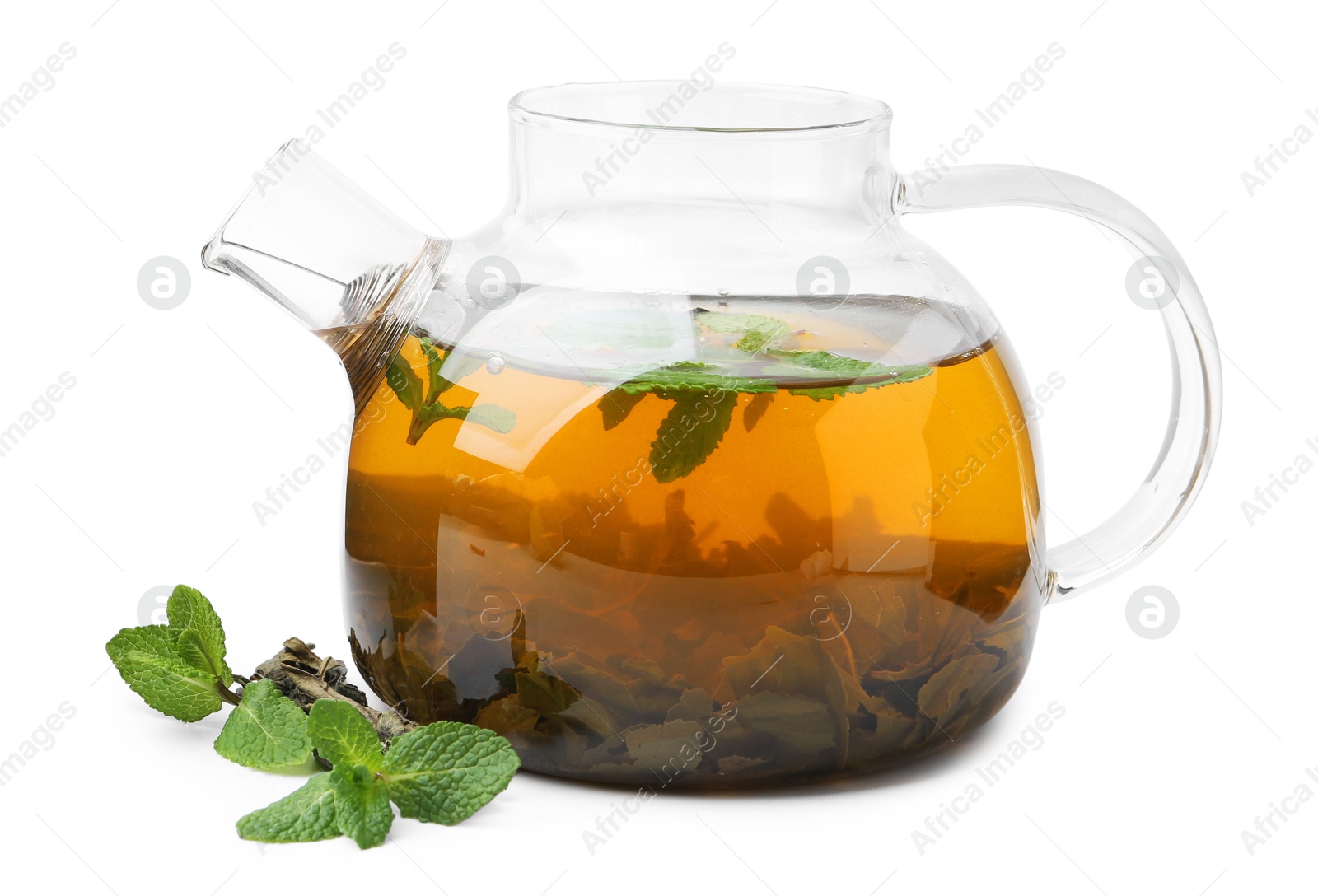 Photo of Aromatic mint tea, fresh and dried leaves isolated on white