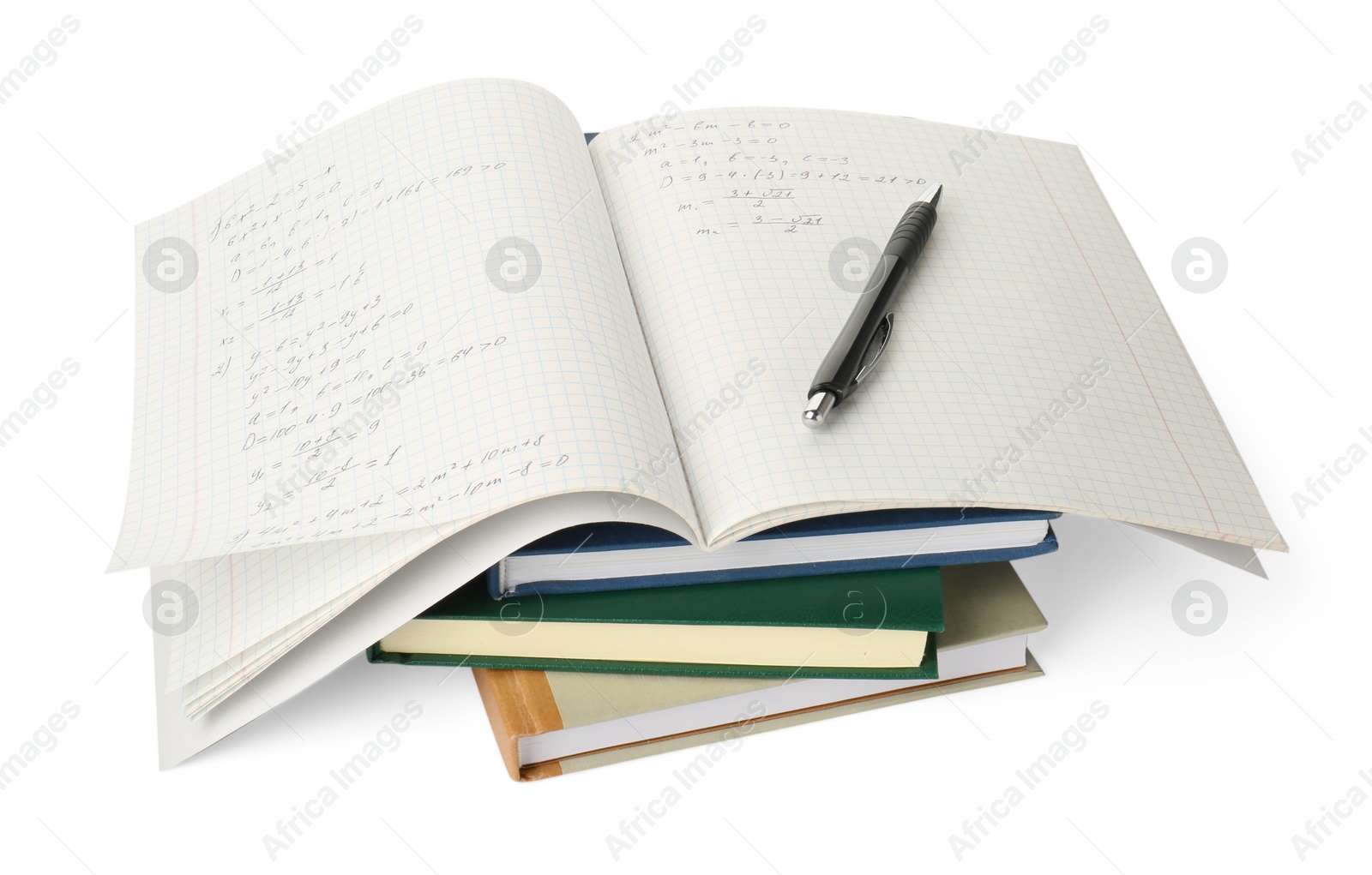 Photo of Doing homework. Notebook with math assignment, pen and books isolated on white