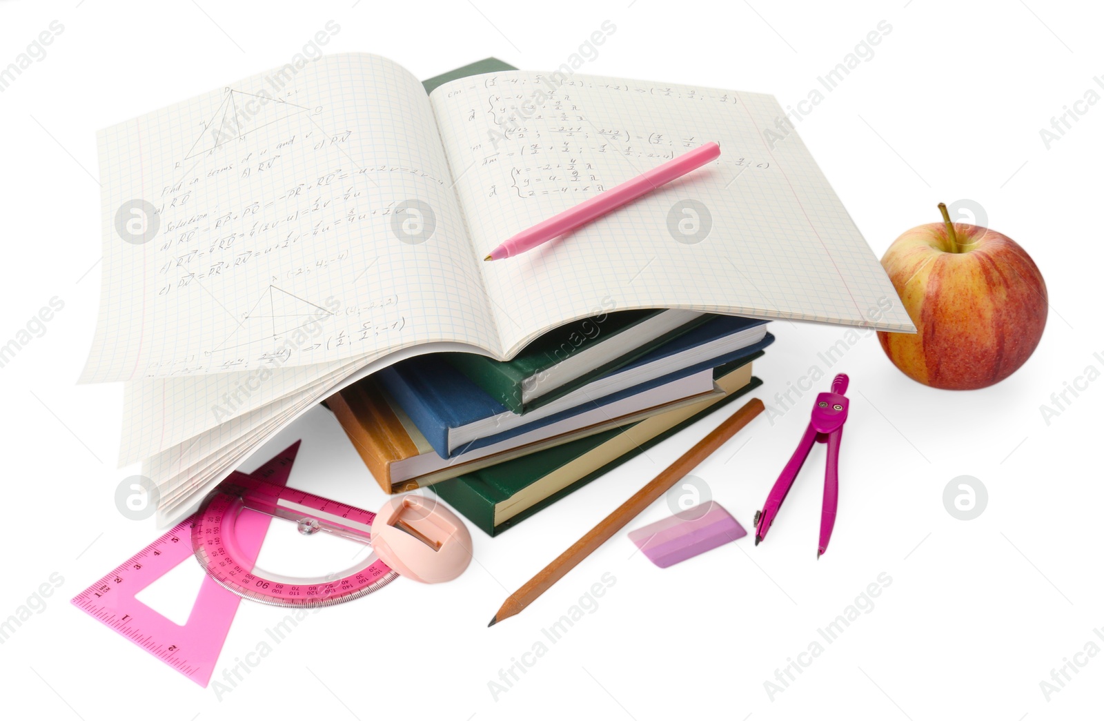 Photo of Doing homework. Notebook with math assignment, apple and stationery isolated on white