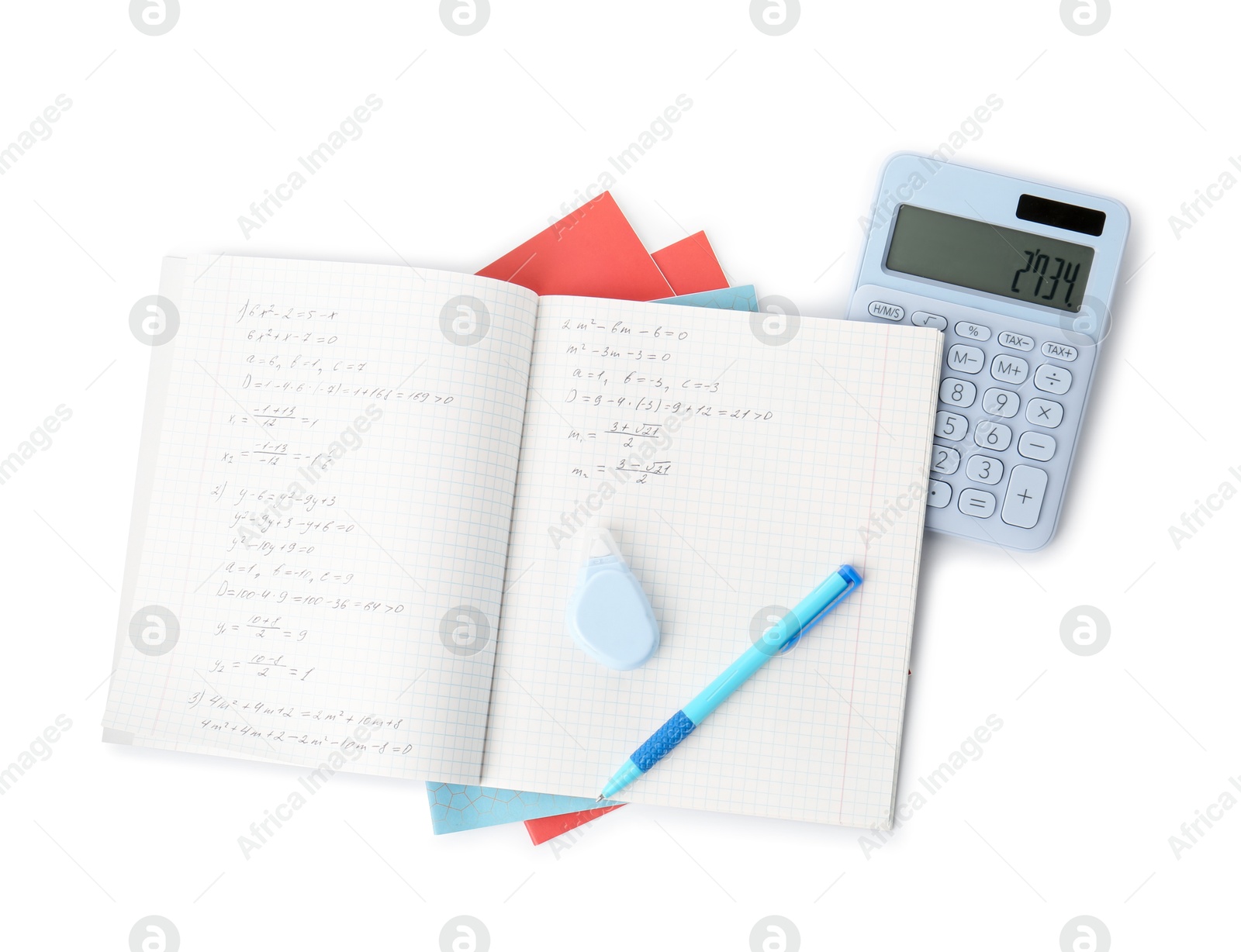 Photo of Doing homework. Notebook with math assignment and stationery on white background, top view