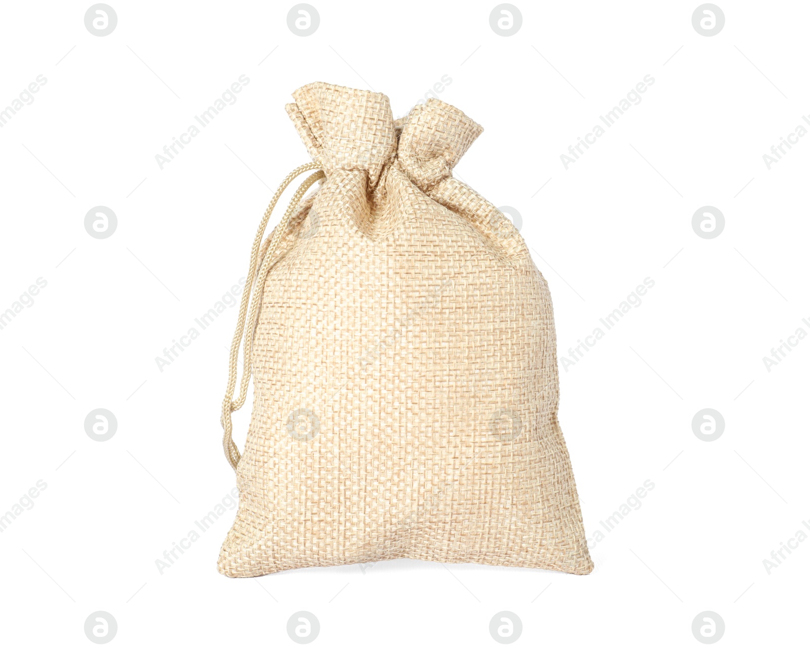 Photo of One beige burlap sack isolated on white